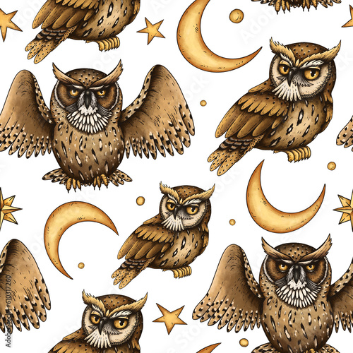 Vintage mystery owl, moon, stars seamless pattern on white photo