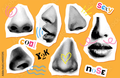 Set of groovy retro halftone collage elements for mixed media design. Different noses in halftone texture, dotted pop art style. Vector illustration of vintage grunge punk crazy art design.