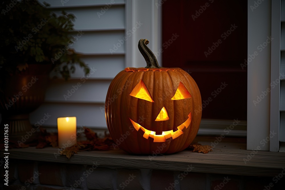 Pumpkin with carved eyes, nose and mouth on the porch of the house. Generate Ai. Generative AI Pumpkin with carved eyes, nose and mouth on the porch of the house. Generate Ai. Generative AI