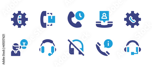 Call center icon set. Duotone color. Vector illustration. Containing customer support, helpline, time call, contact, setting, solution, headset, information.