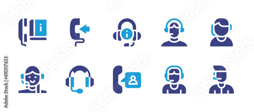 Call center icon set. Duotone color. Vector illustration. Containing information, phone call, call center agent, call center, customer support, headset, customer service.