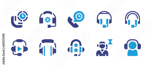 Call center icon set. Duotone color. Vector illustration. Containing call, customer service, hours support, headphones, headset, rating, customer service agent, support.