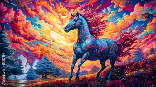 Colorful horse and night sky  stylized painting  expressive. Generative AI