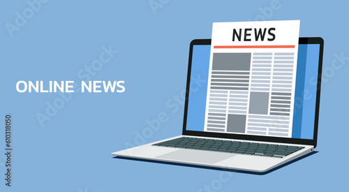 online news concept with digital newspaper document on laptop screen, vector flat illustration