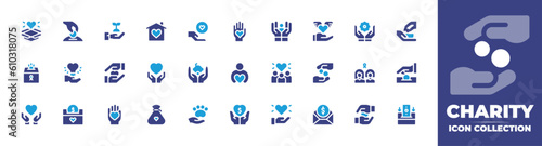 Charity icon collection. Duotone color. Vector and transparent illustration. Containing box, donation, charity, house, heart, selfcare, care, compassion, hand, baby, love, women, subsidy, and more. photo