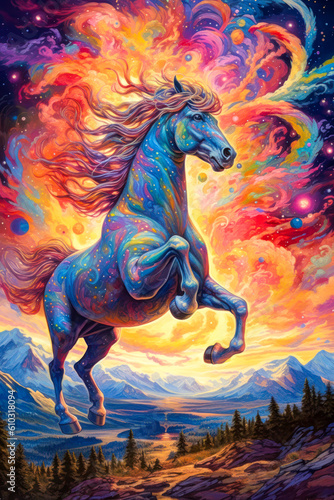 Magical horse posed against night sky  mountains landscape  stylized colorful painting  expressive. Generative AI
