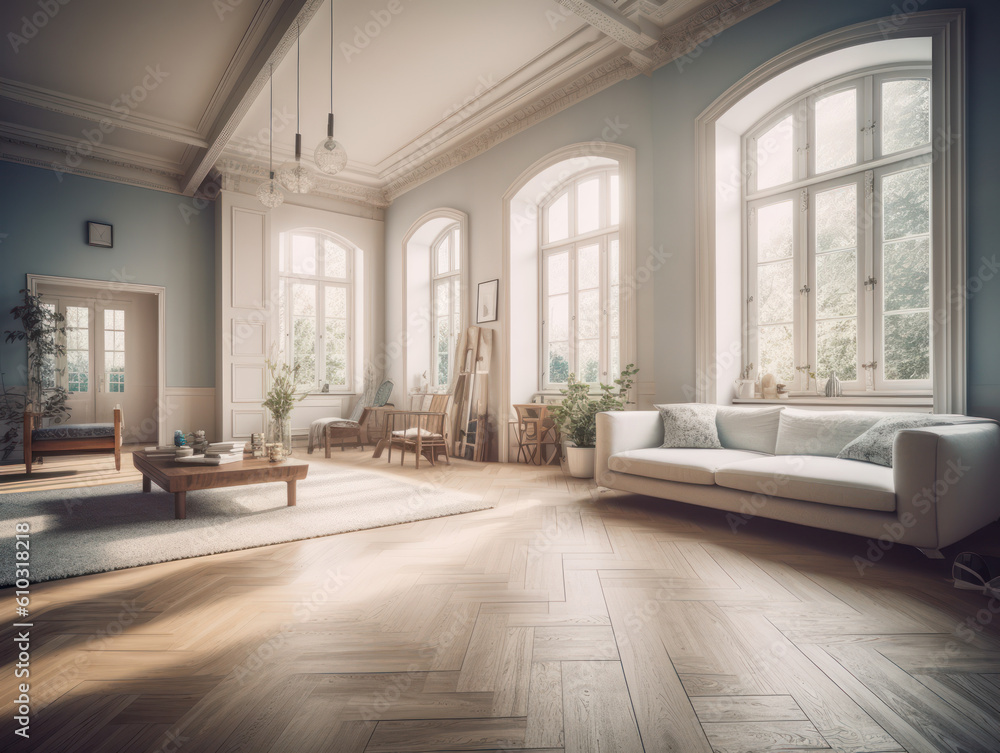 Stylish composition of cozy living room interior Created with Generative AI technology.