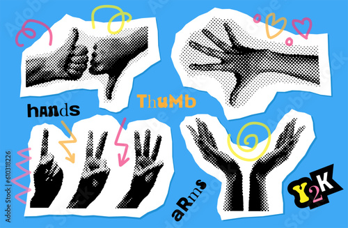 Set of Collage element with hands and cutout letter shapes and doodle element. Expressive gesture collection. Vintage vector illustration with Retro halftone effect.