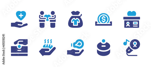 Charity icon set. Duotone color. Vector illustration. Containing healthcare, help, clothes donation, charity, food, almsgiving.