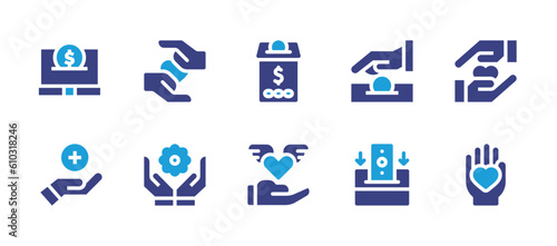 Charity icon set. Duotone color. Vector illustration. Containing donate, solidarity, charity, care, volunteer, compassion, heart, deposit, love.