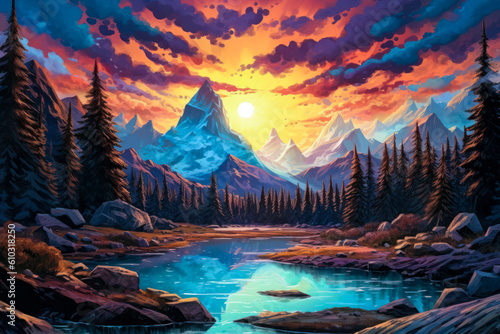 Mountains landscape, background, colorful, painting. Generative AI © Sunshower Shots