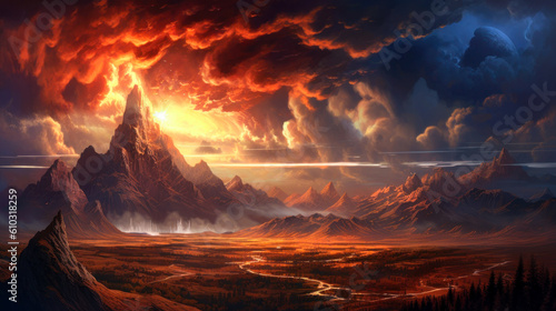 Fiery mountain peak  landscape  fantasy  background  painting. Generative AI