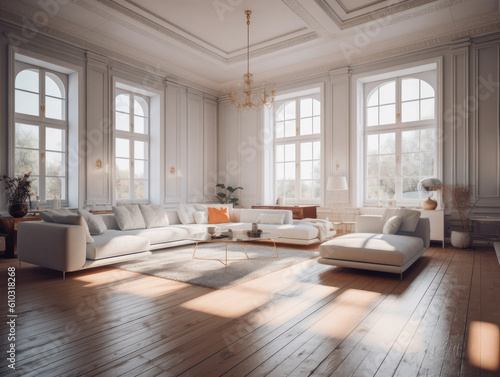 Stylish composition of cozy living room interior Created with Generative AI technology. © Denis Darcraft