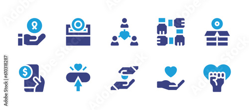 Charity icon set. Duotone color. Vector illustration. Containing charity, donation, network, donate, alms, love, heart.