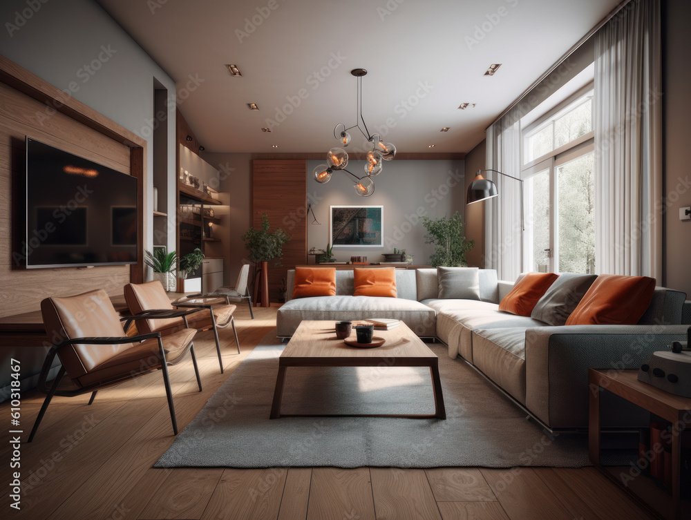 Fototapeta premium Stylish composition of cozy living room interior Created with Generative AI technology.