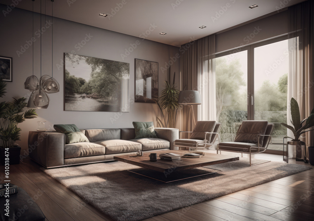 Stylish composition of cozy living room interior Created with Generative AI technology. Stylish composition of cozy living room interior Created with Generative AI technology.