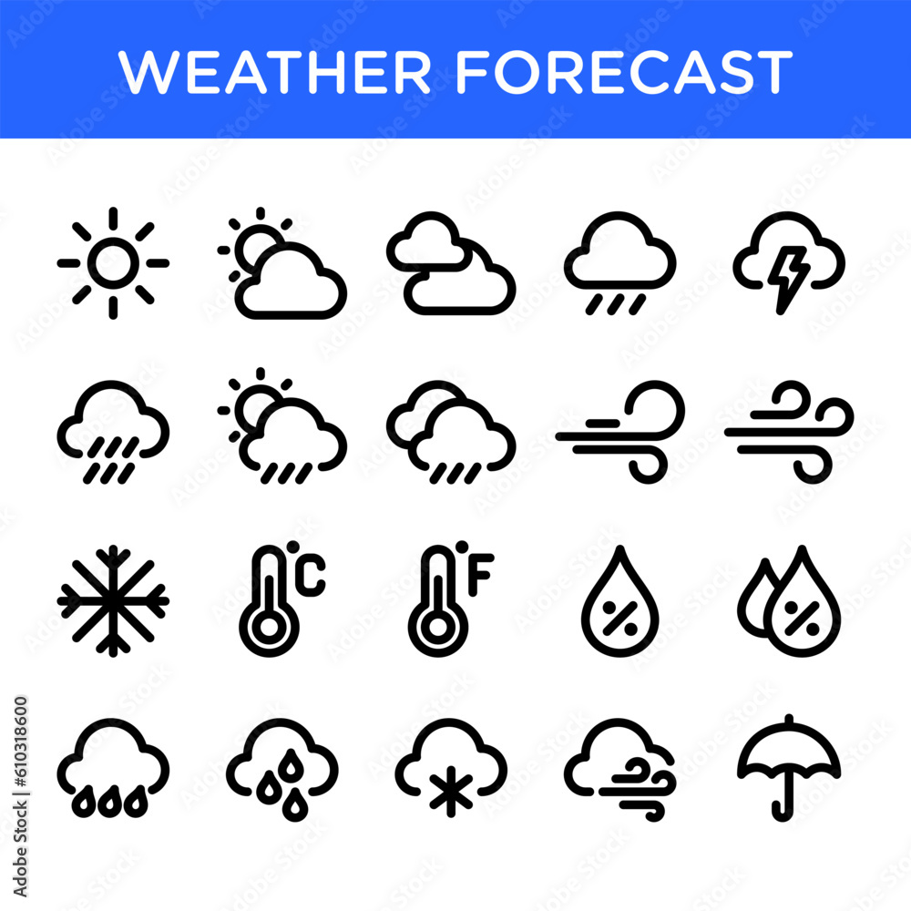 Weather forecast icon set. Suitable for weather information app element.