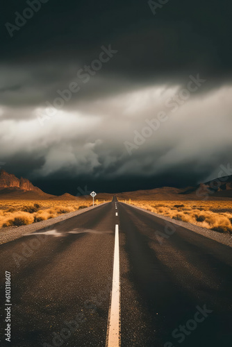 The road leading to the distance on the grassland under dark clouds.