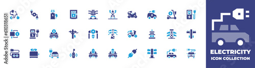Electricity icon collection. Duotone color. Vector and transparent illustration. Containing electric bike, cable break, electric station, fuse box, electric tower, electric car, electric, and more.