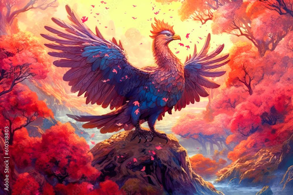 Perched fantasy bird with outstretched wings, mountains landscape, colorful, painting. Generative AI