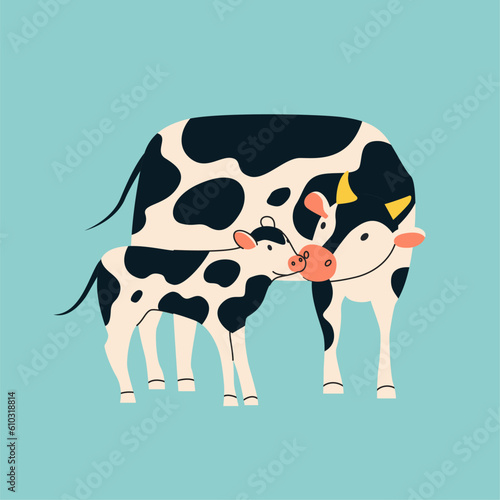 Spotted cow and calf isolated. Vector flat style illustration