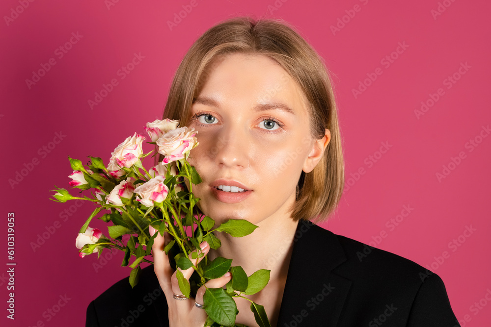 Beautiful tender young blonde hair girl in black blazer holds flowers. isolated on pink background. Beautiful tender young blonde hair girl in black blazer holds flowers. isolated on pink background.