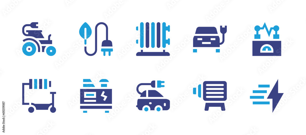 Electricity icon set. Duotone color. Vector illustration. Containing tractor, renewable energy, electric heater, electric car, generator, electric scooter, electric generator, electric motor.