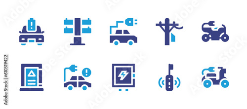 Electricity icon set. Duotone color. Vector illustration. Containing electric car, electric pole, power line, electric bike, electrical panel, electric panel, electric toothbrush. © Huticon