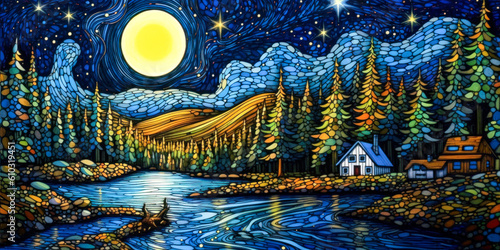 Stylized landscape, town on a lake, swirling night sky, background, colorful, painting. Generative AI