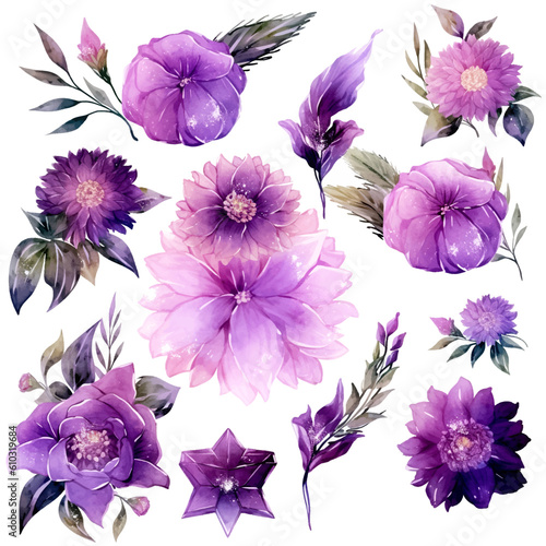Set of purple floral watecolor. flowers and leaves. Floral poster, invitation floral. Vector arrangements for greeting card or invitation design	