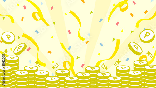 紙吹雪が飛ぶポイントコインの背景（サイズ比率16:9）　
Point coin background with flying confetti