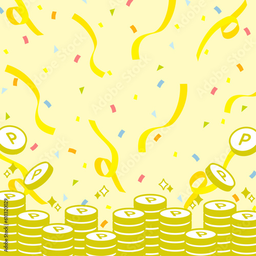 Background of point coins with flying confetti (square)