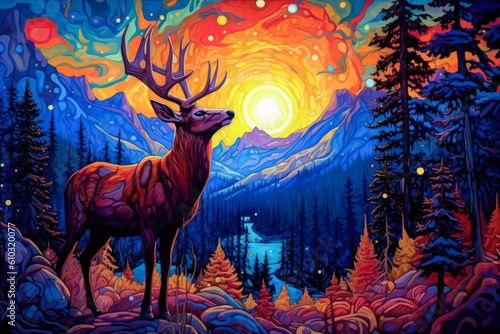 Deer  mountains landscape  colorful  painting. Generative AI