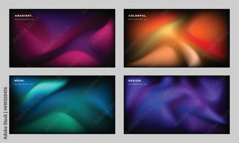 Colorful gradient mesh background template copy space set. Four fluid backdrop design for poster, banner, leaflet, pamphlet, flyer, brochure, magazine, or cover. Colorful gradient mesh background template copy space set. Four fluid backdrop design for poster, banner, leaflet, pamphlet, flyer, brochure, magazine, or cover.