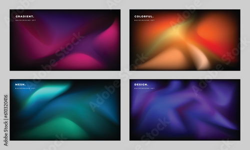 Colorful gradient mesh background template copy space set. Four fluid backdrop design for poster, banner, leaflet, pamphlet, flyer, brochure, magazine, or cover.