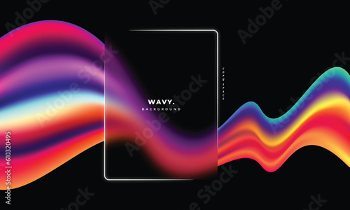 Colorful wavy liquid background template with blurred frame. Fluid gradient mesh colour backdrop design for poster, banner, magazine, leaflet, pamphlet, cover, booklet, or flyer.