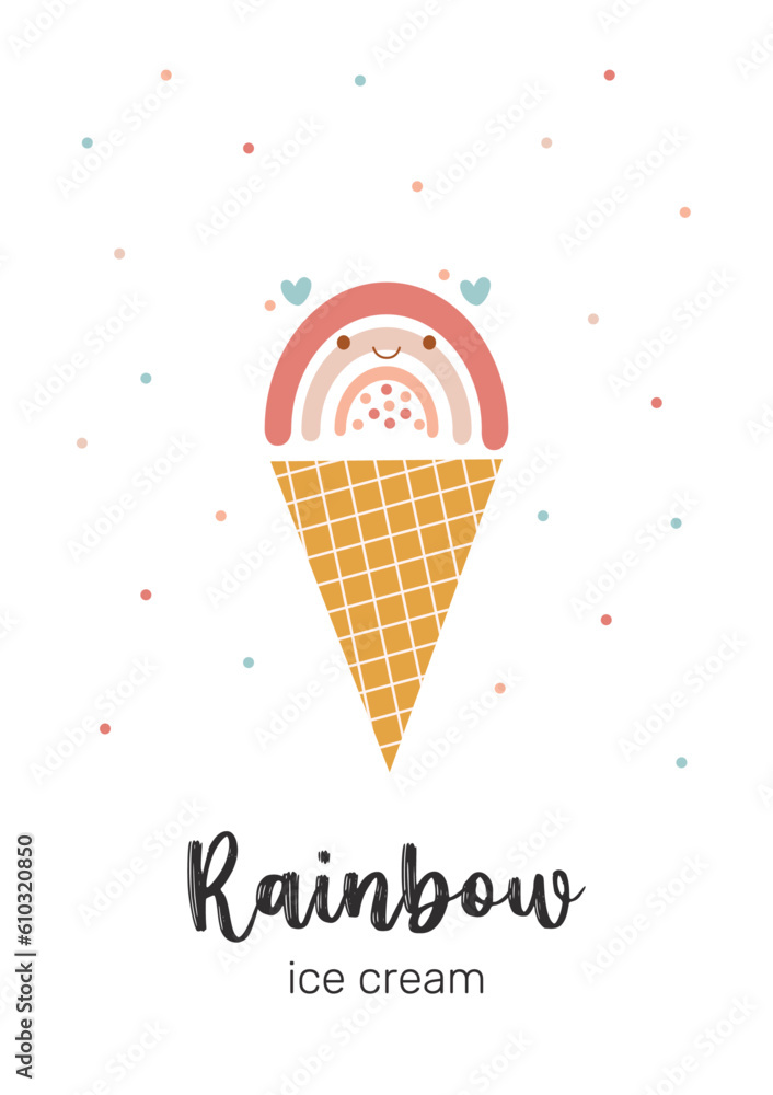 Cute smiling rainbow ice cream in boho style. Kawaii rainbow in waffle cup cone. Sweet illustration for poster, card, print design. Vector Cute smiling rainbow ice cream in boho style. Kawaii rainbow in waffle cup cone. Sweet illustration for poster, card, print design. Vector