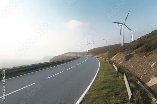 The wind turbines on both sides of the road.