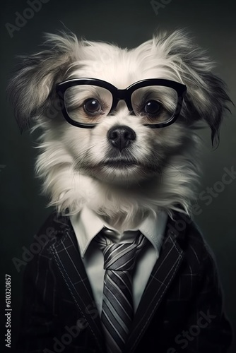 Illustration of a dapper dog wearing glasses and a suit created with Generative AI technology © AI Visual Vault