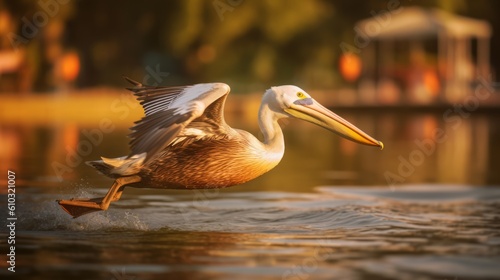 Pelican Flying Over Water In Golden Light: Uhd Image By Oleksandr Bogomazov photo