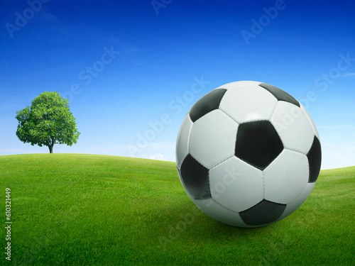 Close-up soccer ball on green grass and bright blue sky