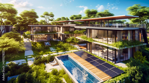 Modern eco-friendly multifamily homes with photovoltaic cells.AI generativ © Dar1930