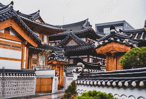 Bukchon Hanok Village in Seoul  South Korea. View of traditional wooden buildings.