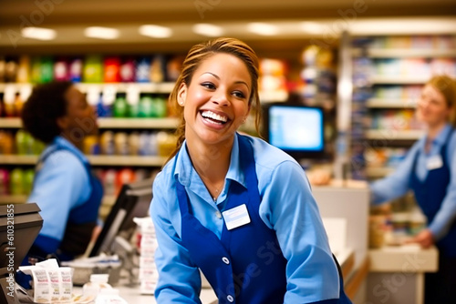 Smiling, young and attractive saleswoman, cashier serving customers. AI generativ.