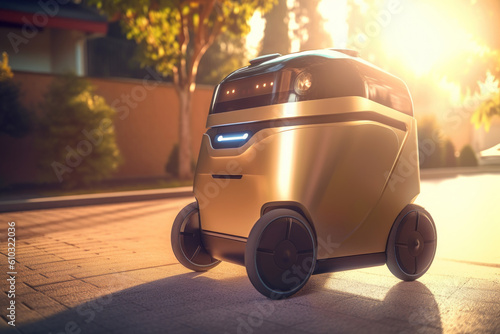 Autonomous delivery robot carries an order around the city at sunset. Photorealistic illustration generative AI. photo