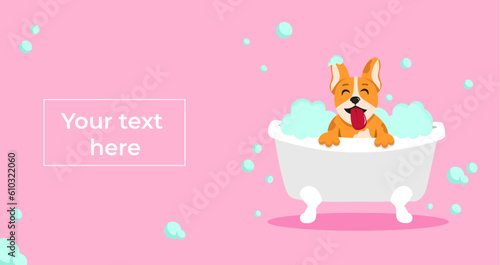 Banner with joyful kawaii cute dog in bath in flat vector style on pink background. Template of concept of grooming salon. Banner with your text here for advertising, website, magazine, landing page