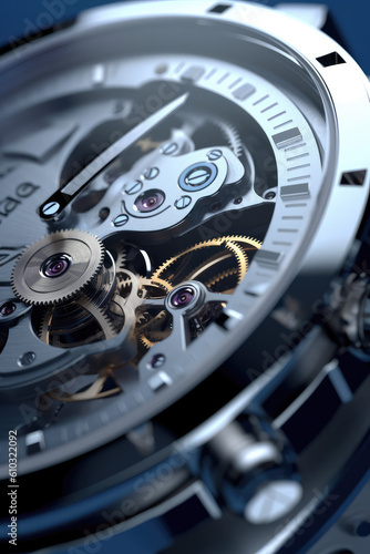Close up of watch dial and gear.