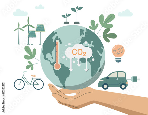 Characters hands holding planet earth, Developing sustainable CO2 concepts, using clean energy, sustainable environmental management.
 Climate change problem concept. Vector design illustration.