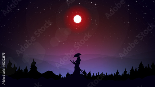 Samurai Background in the night. japan theme background. samurai wallpaper. landscape fantasy walpaper. japanese samurai background. 