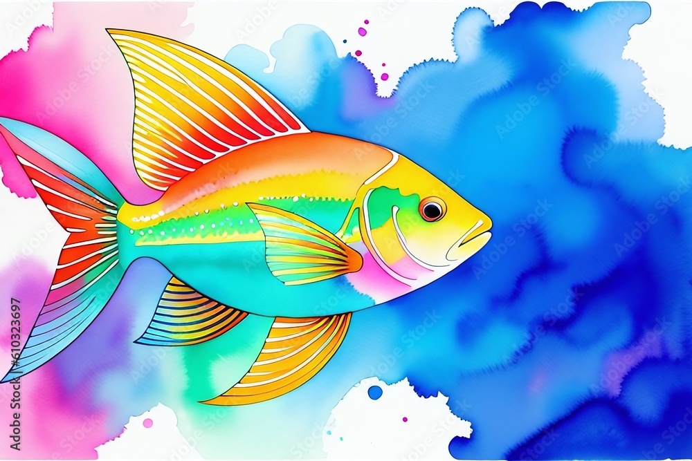 Colorful exotic tropical fish painted in watercolor. Generative AI